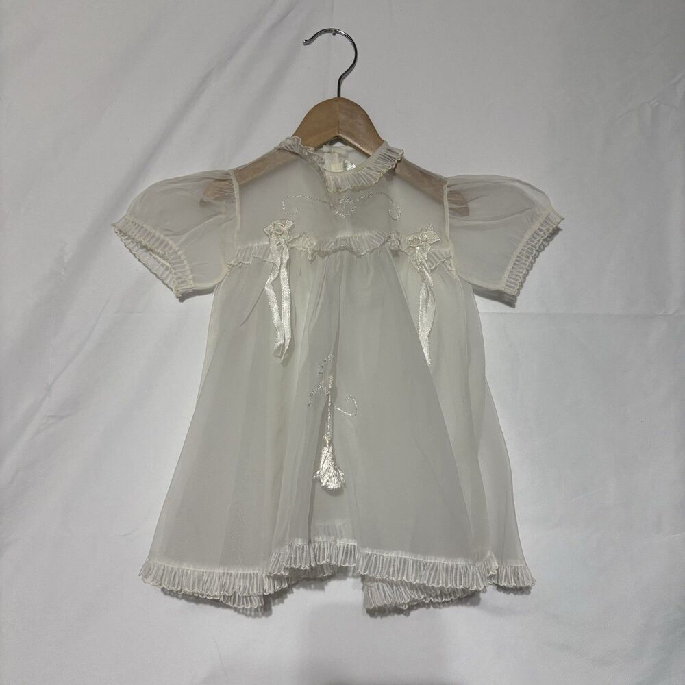 Vintage Christening Gown Baby Girls White Sheer Baptism Dress Puffy Sleeves